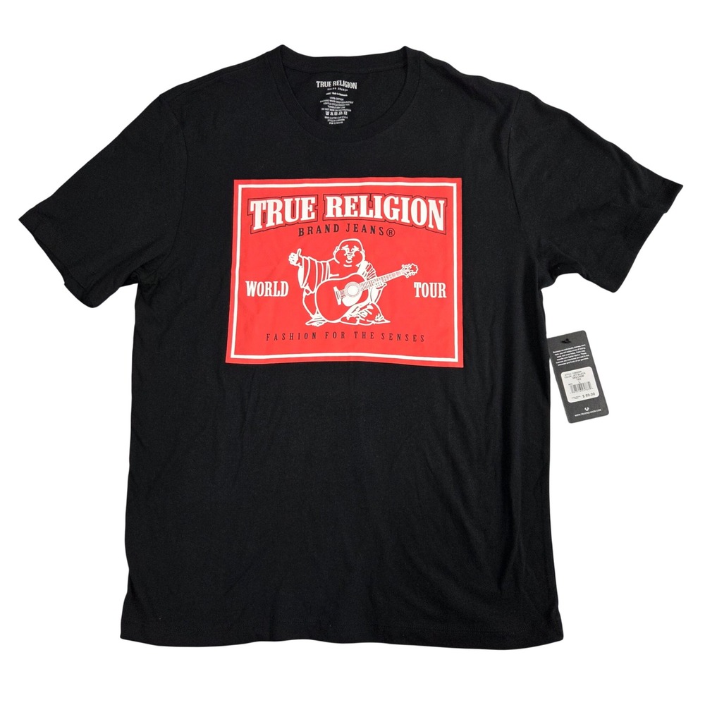 True Religion T-Shirt Mens L Black New World Tour Buddha Graphic Tee 108008R